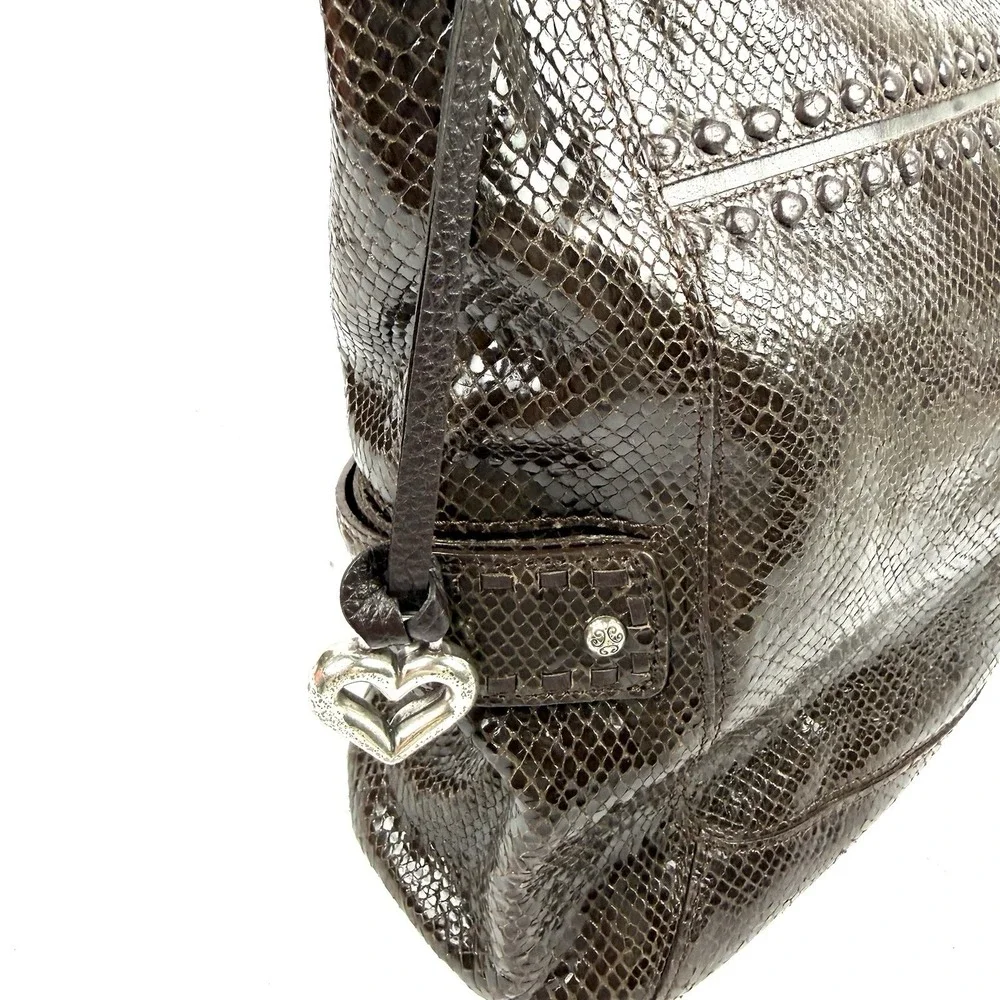 Brighton Embossed Snakeskin Hobo Handbag Brown Leather Shoulder Bag With Charm